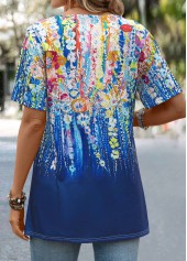 Dark Blue Button Graffiti Print Short Sleeve T Shirt