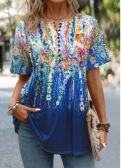 Dark Blue Button Graffiti Print Short Sleeve T Shirt