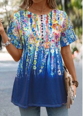 Dark Blue Button Graffiti Print Short Sleeve T Shirt