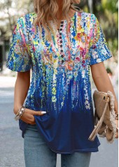 Dark Blue Button Graffiti Print Short Sleeve T Shirt