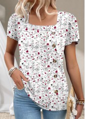 White Button Ditsy Floral Print Short Sleeve T Shirt