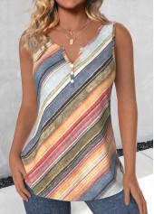 Multi Color Button Striped Sleeveless Split Neck Tank Top