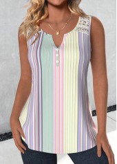 Multi Color Lace Striped Sleeveless Split Neck Tank Top