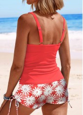 Ruched Daisy Print Peach Red Tankini Set | thumb picture 