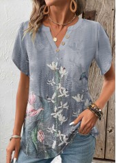 Grey Patchwork Floral Print Short Sleeve T Shirt