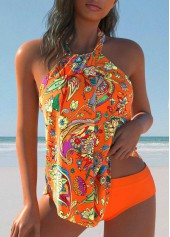 Twist Floral Print Orange Tankini Set