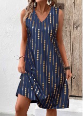 Blue Hot Stamping Geometric Print A Line Sleeveless Dress