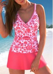 Contrast Binding Random Floral Print Pink Tankini Set