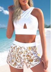 Criss Cross Paisley Print White Bikini Set