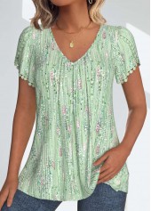 Light Green Patchwork Geometric Print Short Sleeve T Shirt