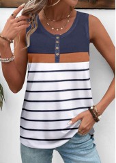 White Patchwork Striped Sleeveless Round Neck Tank Top