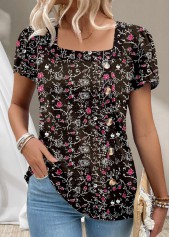 Black Button Ditsy Floral Print Short Sleeve T Shirt