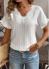 White Patchwork Short Sleeve V Neck Blouse | thumb picture 
