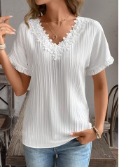 White Patchwork Short Sleeve V Neck Blouse