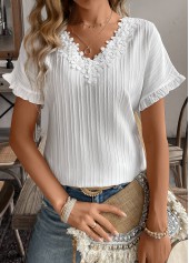 White Patchwork Short Sleeve V Neck Blouse | thumb picture 