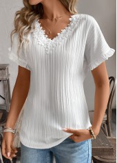 White Patchwork Short Sleeve V Neck Blouse | thumb picture 