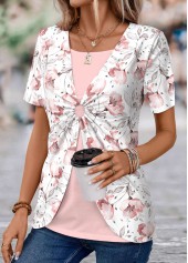 Light Pink Fake 2in1 Floral Print T Shirt