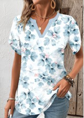 Light Blue Patchwork Random Floral Print Short Sleeve Blouse