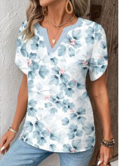 Light Blue Patchwork Random Floral Print Short Sleeve Blouse | thumb picture 