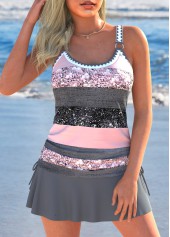 Drawstring Multi Stripe Print Dark Grey Marl Tankini Set
