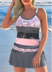 Drawstring Multi Stripe Print Dark Grey Marl Tankini Set | thumb picture 