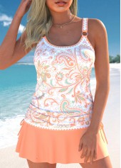 Drawstring Paisley Print Orange Tankini Set