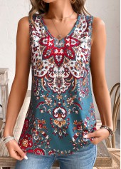 Multi Color Tribal Print Sleeveless V Neck Tank Top