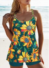 Circular Ring Floral Print Blackish Green Tankini Set
