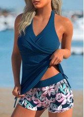 Criss Cross Floral Print Peacock Blue Tankini Set | thumb picture 