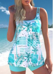 Lightweight Tropical Plants Print Cyan Tankini Set