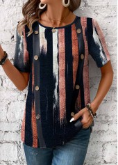 Navy Button Multi Stripe Print Short Sleeve T Shirt