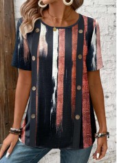 Navy Button Multi Stripe Print Short Sleeve T Shirt