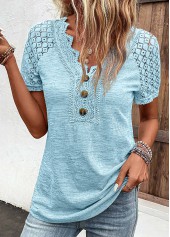 Light Blue Lace Short Sleeve V Neck T Shirt | thumb picture 