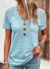 Light Blue Lace Short Sleeve V Neck T Shirt