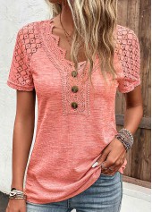 Orange Lace Short Sleeve V Neck T Shirt