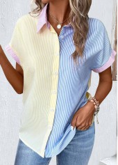 Light Yellow Patchwork Multi Stripe Print Short Sleeve Blouse
