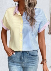 Light Yellow Patchwork Multi Stripe Print Short Sleeve Blouse | thumb picture 