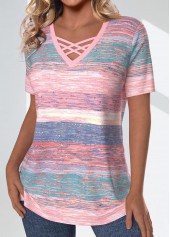 Pink Criss Cross Striped Short Sleeve T Shirt | thumb picture 