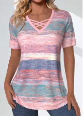 Pink Criss Cross Striped Short Sleeve T Shirt
