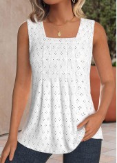 White Textured Fabric Sleeveless Square Neck Tank Top