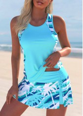 Cut Out Tropical Plants Print Cyan Tankini Set