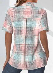 Light Pink Pocket Plaid Short Sleeve Shirt Collar Blouse | thumb picture 