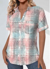 Light Pink Pocket Plaid Short Sleeve Shirt Collar Blouse | thumb picture 