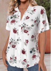 White Button Floral Print Short Sleeve Shirt Collar Blouse | thumb picture 