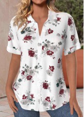 White Button Floral Print Short Sleeve Shirt Collar Blouse