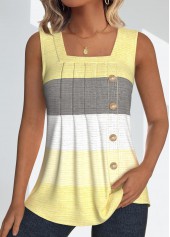 Light Yellow Button Striped Sleeveless Square Neck Tank Top