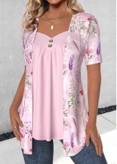 Pink Floral Print Short Sleeve Fake Two Piece Twinset | thumb picture 
