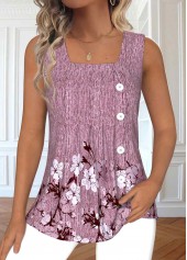 Dark Reddish Purple Button Floral Print Sleeveless Tank Top