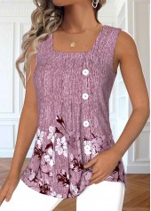 Dark Reddish Purple Button Floral Print Sleeveless Tank Top | thumb picture 