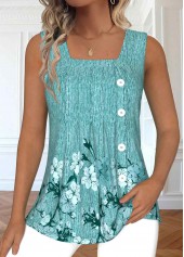 Mint Green Button Floral Print Sleeveless Tank Top